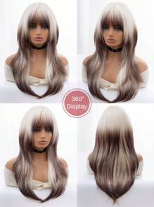 1-Piece Synthetic Heat-Resistant Chocolate Brown-Green Ombre Wig With Bangs 24 Inches Long Fully Machine-Woven Natural And Realistic Mermaid-Style Wig