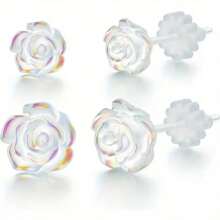 Elegant Clear Plastic Rose Stud Earrings Set For Sensitive Ears, 2 Pairs - Hypoallergenic Simple Style, Daily Wear, All-Season Comfort Fit With No Plating - Featherlight Women's Fashion Jewelry