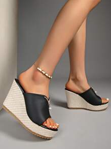 Women's 2025 Summer New Rhinestone Platform Wedge Thick Bottom Open Toe Sandals, Fashion Versatile Strap Slide Sandals - Black - View 2