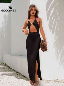 性感透视针织吊带 V 领开衩海滩长裙女式 2025 别致纽扣镂空露背派对连衣裙泳装罩衫 - 黑色 - 查看 1