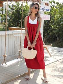 Women's Barrel Midi Dress Loose Adjutable Strap Big Pockets Maxi Dress Overall Jumpsuits - Đỏ - Xem 5