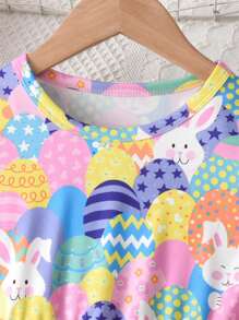 Vestido con estampado de elementos de Pascua y superposición de malla, de manga corta, para niña