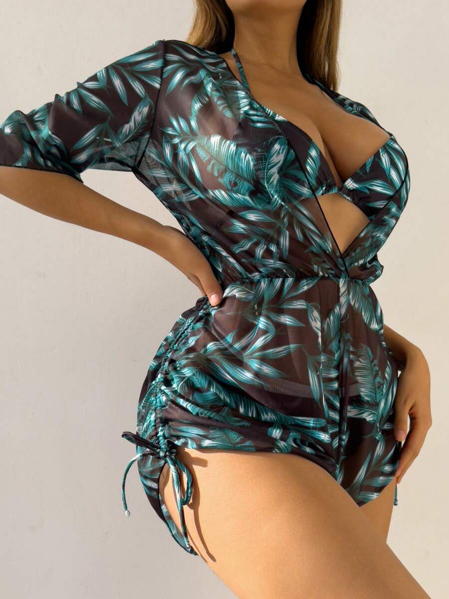 3件套女士热带植物印花挂脖系带比基尼泳衣套装，含配套纱笼罩衫，适合度假穿着