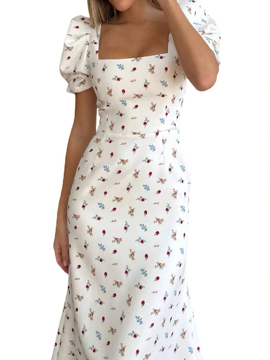 Womenacute;S Summer Midi Dress Casual Short Puff Sleeve Floral Print A-Line Dress Elegant Flowy Dress - 白色 - 查看 1