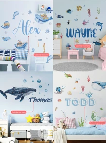 [Élément essentiel pour la rénovation de la chambre d'enfant] Autocollant mural personnalisé avec le nom, autocollant de décoration avec des animaux marins de dessin animé + décoration de chambre d'enfant personnalisée, autocollant commémoratif du nom de bébé, anniversaire, fête des 100 jours, autocollant décoratif pour garderie (amovible) Rentrée des classes