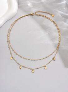 LIEBEIRIS 1pc 18K Gold Plated Minimalist Double Layer Geometric Star Pendant Stainless Steel Bracelet, Suitable For Women's Daily Wear And Gift