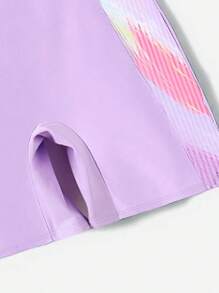 女童新款条纹印花连体泳衣针织休闲运动泳衣 8-14 岁 - 紫色 - 查看 6
