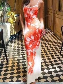 Vestido largo informal de mujer con tirantes de espagueti y estampado floral