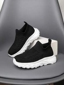 1 paire de chaussures de sport pour enfants, baskets en tricot, faciles à porter, légères, respirantes, antidérapantes, chaussures de course, design maille mode pour étudiants