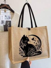 Khaki Linen Tote Bag,Including A Black Cartoon Cat Pattern Tote Bag And A Small Bag/Coin Purse,Mother's Day Gift, Personalized Gift Package, Yellow Linen Black Tote Bag With,Combination Of Small And Large Bags,Suitable For Weddings,Birthdays,Beaches, Holidays, Making It For Women,Mothers,Teachers, Friends, Bridesmaids,Big Bags,Students,Returning To School,The Perfect Gift For Animal Lovers