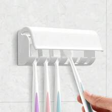 1pc Toothbrush Holder, Hole-Free Wall Mount Toothbrush Holder, Multi-Function Toothbrush & Toothpaste Rack, White, Plastic Self-Adhesive 6-Slot Toothbrush Holder, Home Bathroom Decor, Autumn Decor, Back To School Decor - Multicolor - View 1