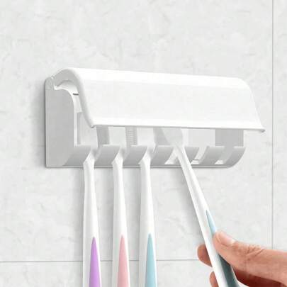 1pc Toothbrush Holder, Hole-Free Wall Mount Toothbrush Holder, Multi-Function Toothbrush & Toothpaste Rack, White, Plastic Self-Adhesive 6-Slot Toothbrush Holder, Home Bathroom Decor, Autumn Decor, Back To School Decor