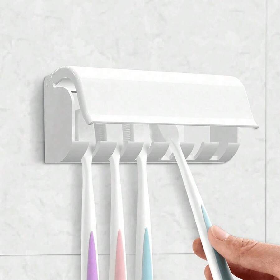 1pc Toothbrush Holder, Hole-Free Wall Mount Toothbrush Holder, Multi-Function Toothbrush & Toothpaste Rack, White, Plastic Self-Adhesive 6-Slot Toothbrush Holder, Home Bathroom Decor, Autumn Decor, Back To School Decor - Multicolor - View 1