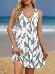 Plus Size Vrouwen Casual Vakantie Stijl Mouwloze Jurk Met Zakken, Zomer Print