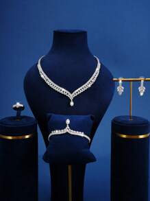 5pcs Fashionable Fully Rhinestoned Jewelry Set Including Necklace, Earrings, Ring, Bracelet, Suitable For Women's Wedding, Party, Birthday, Holiday Wearing