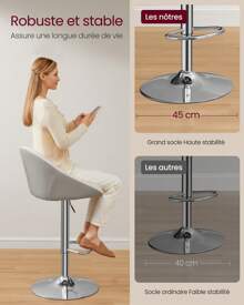 VASAGLE Tabouret de Bar, Lot de 2, Chaise de Cuisine, Réglable en Hauteur, Pivotant à 360°, Socle, Repose-Pieds, Acier, pour Comptoir, Bar, Salle à Manger, Blanc Crème - Blanc - Voir 3