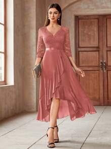 MIUSOL V-Neck Floral Lace Contrast Chiffon Ruffle Trim 3/4 Sleeve Evening Party Long Dress, Wedding Guest Dress, Formal Dress - Dusty Pink - View 1