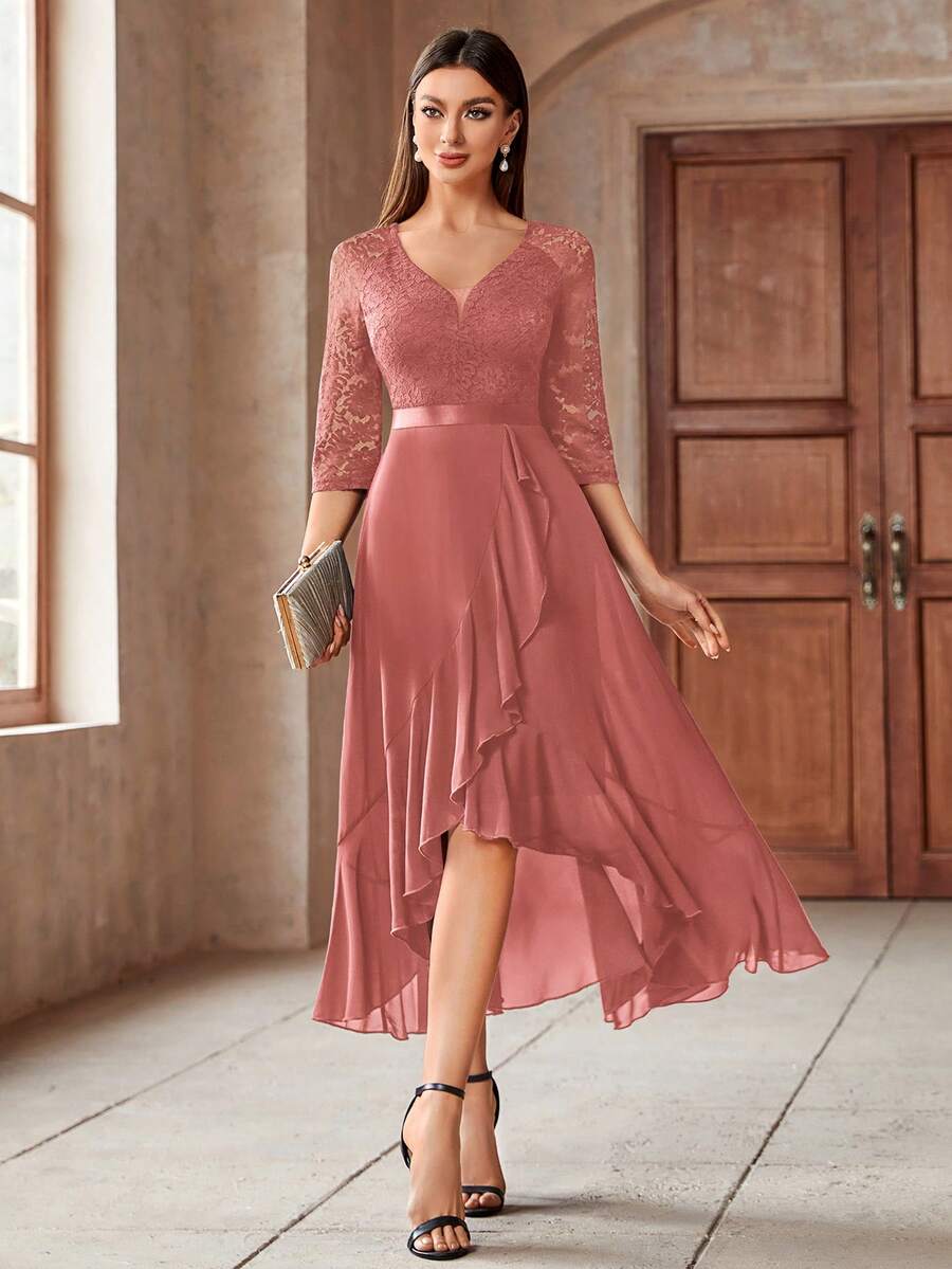 MIUSOL V-Neck Floral Lace Contrast Chiffon Ruffle Trim 3/4 Sleeve Evening Party Long Dress, Wedding Guest Dress, Formal Dress - Dusty Pink - View 1