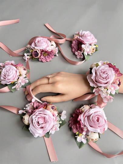 1pc/6pcs Rose Casual Polyester Lapel Pin & Wrist Flower For Groom Men, Party Wedding Decoration, Pink Artificial Flowers Valentine's Day Accessories