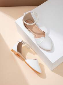 时尚女童尖头平底鞋，/青少年学生户外皮鞋，白色尖头时尚珍珠鞋，舒适休闲鞋，青少年 - 白色 - 查看 2