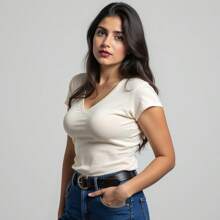 Kit 4 Blouses Basic Plain Women's T-Shirts 100% Cotton V-Neck T-Shirt - 查看 3