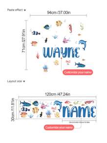 [Élément essentiel pour la rénovation de la chambre d'enfant] Autocollant mural personnalisé avec le nom, autocollant de décoration avec des animaux marins de dessin animé + décoration de chambre d'enfant personnalisée, autocollant commémoratif du nom de bébé, anniversaire, fête des 100 jours, autocollant décoratif pour garderie (amovible) Rentrée des classes