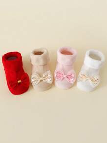 4 Pairs Baby/Toddler Girls' Cute Bow Decor Cotton Blend Ankle Socks, All Season - Multicolor - View 6