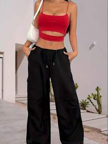 Women Solid Color Hollow Cut Short Bodycon Camisole Top - Red - View 2