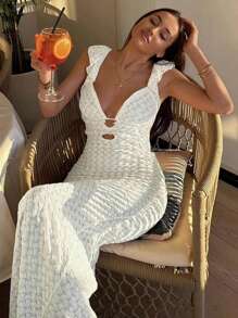 Elegant Women's Sexy V-Neck Lace Knit Semi-Sheer Backless Dress, Boho Style, Spring/Summer - Apricot - View 2