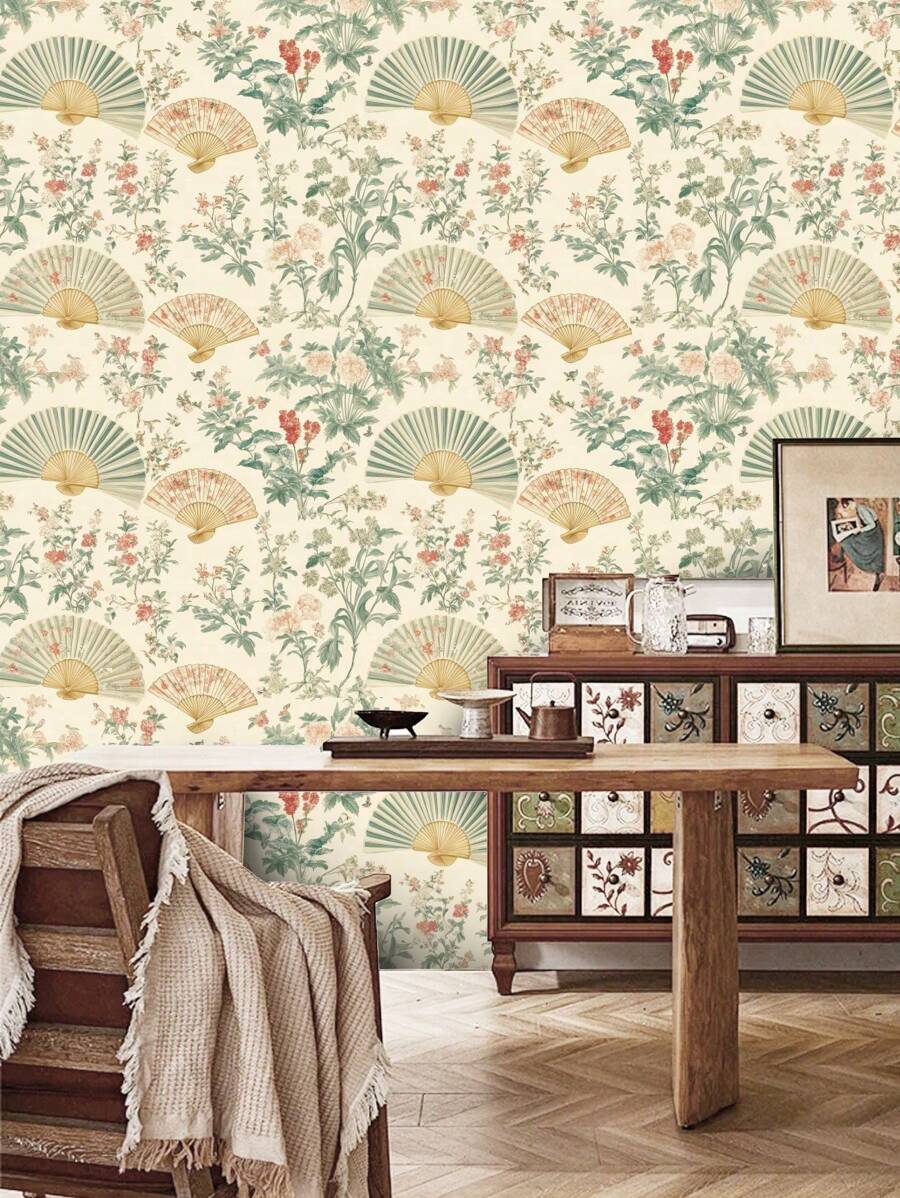 YUANYI 1 cuộn giấy dán tường tự dính kích thước 17,52in*78,74in, họa tiết quạt và hoa, chống thấm nước, chống trượt, có thể tháo rời và tái sử dụng, thích hợp cho kệ tủ bếp, lót ngăn kéo, trang trí lại mặt bàn, lót tủ, giấy dán tường phòng tắm. - Nhiều màu - Xem 1