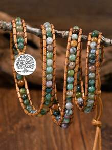 Brazalete de estilo bohemio envolvente de 3 capas con piedra de ágata natural, brazalete de yoga vintage multicapa - multicolor - Ver 7