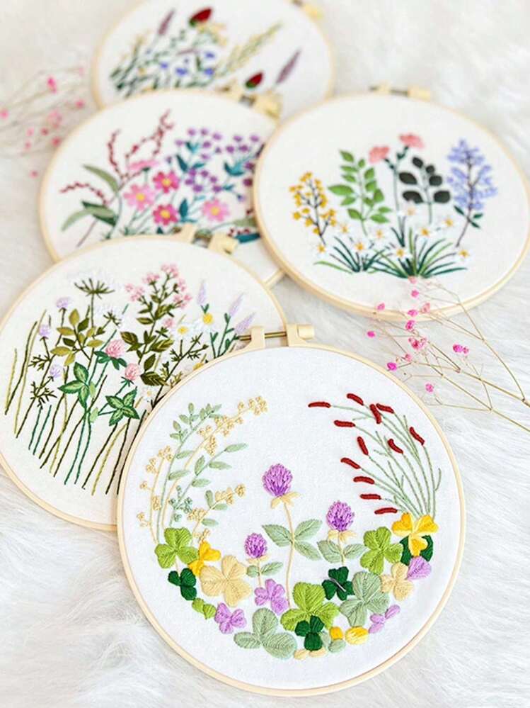 1세트 DIY 자수 재료 패키지 꽃 벽걸이 , 장식 회화 , 컬러풀 & 자수 후프 , 랜덤 색 - 화이트 - 보기 1