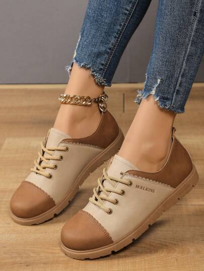 British Style Fashion Flat Shoes, Spring Comfortable Women Casual Lace Up Splice Sneakers