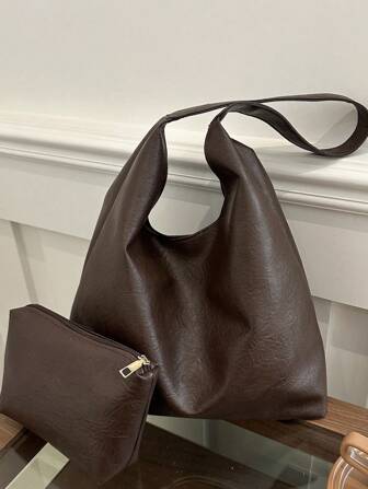 Vintage Casual Large Capacity Commuter Bag, 2-In-1 Shoulder Bag & Bucket Bag, Fashionable & Versatile, Solid Color, New Fashionable Big Bags For Women