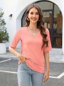 HIGHFINE Women's V Neck Short Sleeves T Shirt  Solid Casual T Shirt - 珊瑚粉 - 查看 3