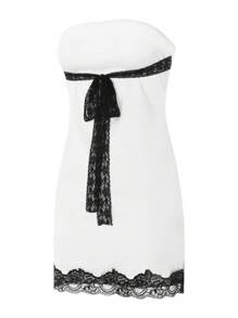 Womens Tube Top Dress Strapless Sleeveless Lace Patchwork Side Split Bodycon Mini Dress - White - View 4