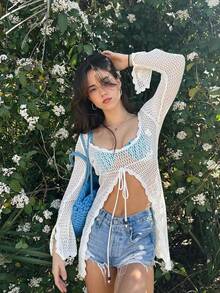 春夏新款白色圆领系带开衩长袖针织上衣女套头衫，J时尚简约优雅音乐节海滩度假风，宽松轻薄毛衣，镂空上衣女士海滩装