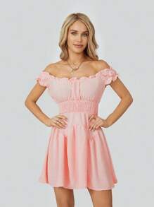 Women Summer Short Dress Solid Color Ruched Bust Boat Neck Off Shoulder Puff Sleeve A-Line One Piece For Ladies - Pink - View 8