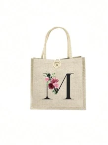 1 pieza Bolso de mano con flor de lino y letra, bolso de gran capacidad sencillo, bolso de almacenamiento casual portátil, bolsa de compras multifuncional, bolsa de regalo personalizada, adecuada para bodas, cumpleaños, playas, festivales, regalos perfectos para mujeres, maestros, amigos, damas de honor, bolsos grandes, estudiantes y vuelta a clases