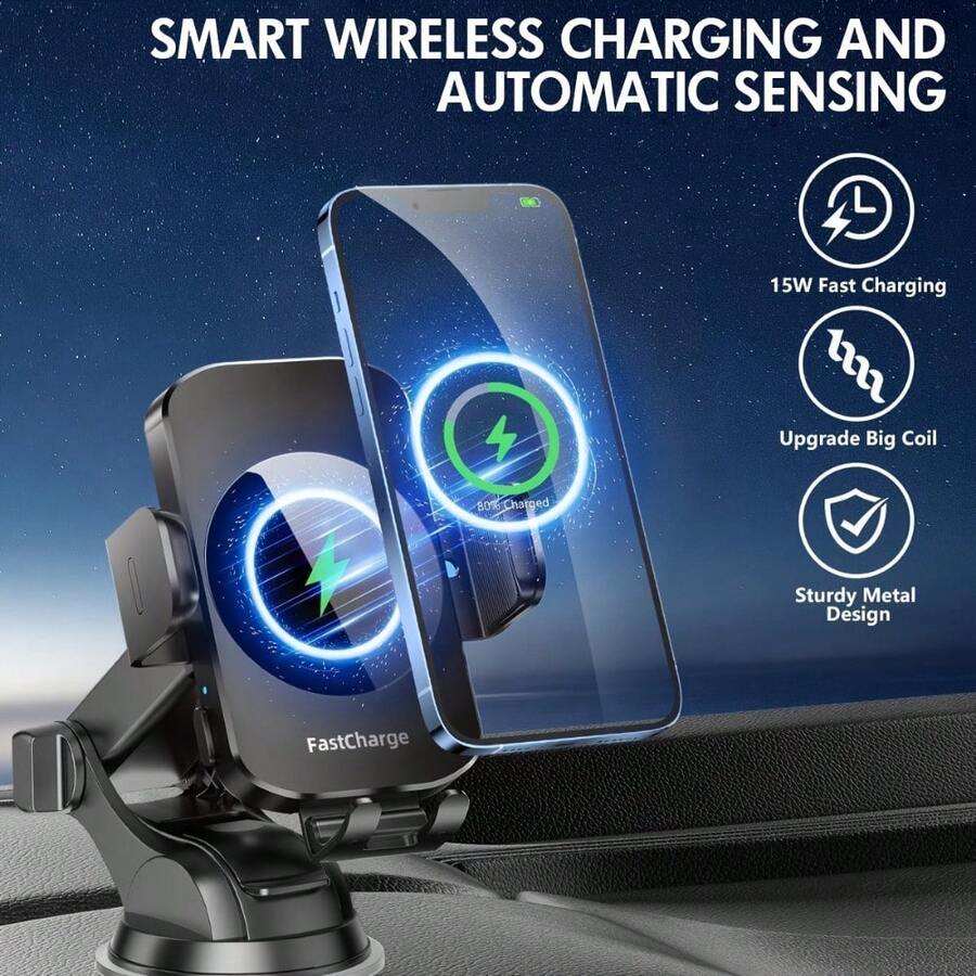 2025WLPower 15W Rapid Wireless Car Charger Mount - Automatic Sensing, 360 Degree Adjustable Phone Holder For Hands-Free Driving - Universal Fit For IPhone 15, 14, 13, 12, 11 Pro Max, Xs, Galaxy S24 Ultra, S23, S22, S21, S20, S10+, Valentine's Day Gifts