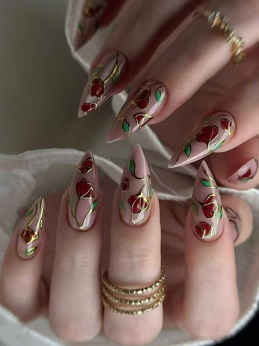 Hộp quà tặng 24 miếng dán móng tay hình hạnh nhân này sẽ giúp bạn nâng tầm phong cách thời trang. Thiết kế mùa xuân mới với dây đỏ mạ vàng kiểu Trung Quốc, hoa hồng, hoa đỏ vẽ tay tinh tế và lá xanh dập nổi, phù hợp cho các bữa tiệc và hẹn hò. Móng giả được phủ gel dẻo, kèm theo 1 cuộn miếng dán móng. Được thiết kế dành cho các bạn gái và phụ nữ. Dụng cụ làm móng - Nhiều màu - Xem 1