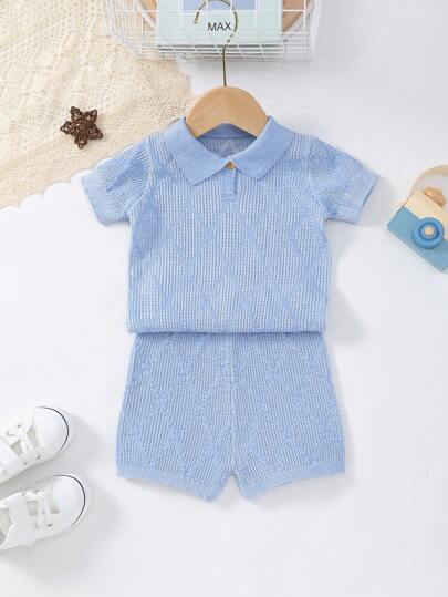 2 件装男婴春夏针织网眼领纯色钻石图案短袖上衣和短裤套装