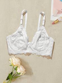 Damen Große Größen Unterwäsche-BH mit Bügel und ohne Fütterung, Lingerie mit Blumenspitzenbesatz, halbtransparente Unterwäsche