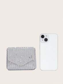 Rhinestone Embellished Mini Square Bag 2024, Fashionable Chain Shoulder Crossbody Bag For Women, Clutch For Party, Wedding, Ball, Silver