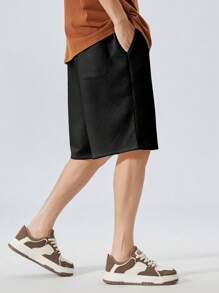 Plus Size Jacquard Weave Loose Fitting Bermuda Shorts, Casual Sports Style, Suitable For Summer - Black - View 4