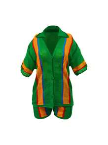 2pcs Women Contrasting Striped Short Sleeve Loose Knitted Top And Shorts Set - 綠色 - 查看 5