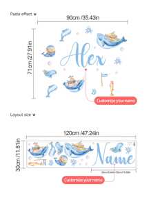[Élément essentiel pour la rénovation de la chambre d'enfant] Autocollant mural personnalisé avec le nom, autocollant de décoration avec des animaux marins de dessin animé + décoration de chambre d'enfant personnalisée, autocollant commémoratif du nom de bébé, anniversaire, fête des 100 jours, autocollant décoratif pour garderie (amovible) Rentrée des classes
