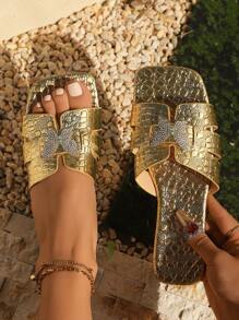 2025 New Women Fashion Open Toe Strap Rhinestone Butterfly Decor Classic Sandals, Flat Comfortable Lightweight Non-Slip, Suitable For Outdoor, Beach, Holiday