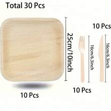 15/30pcs Disposable Square Palm Leaf Plates & Cutlery Set, 10-Inch Square Plate (5/10pcs) + 16cm Knife (5/10pcs) + 16cm Fork (5/10pcs), Plastic Alternative, Microwave Friendly, Suitable For Family Gatherings, Restaurants, Parties, Graduation Season, Serves 5/10 Guests
