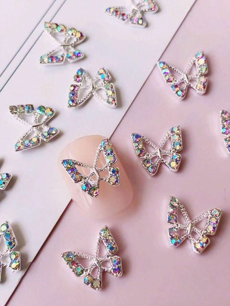 10个/30个3D合金蝴蝶美甲装饰品，DIY蝴蝶美甲吊坠，镶嵌人造钻石，金属合金金银美甲饰品装饰，女士宝石设计美甲工艺用品，美甲沙龙美甲配件美甲用品 - 彩色 - 查看 1